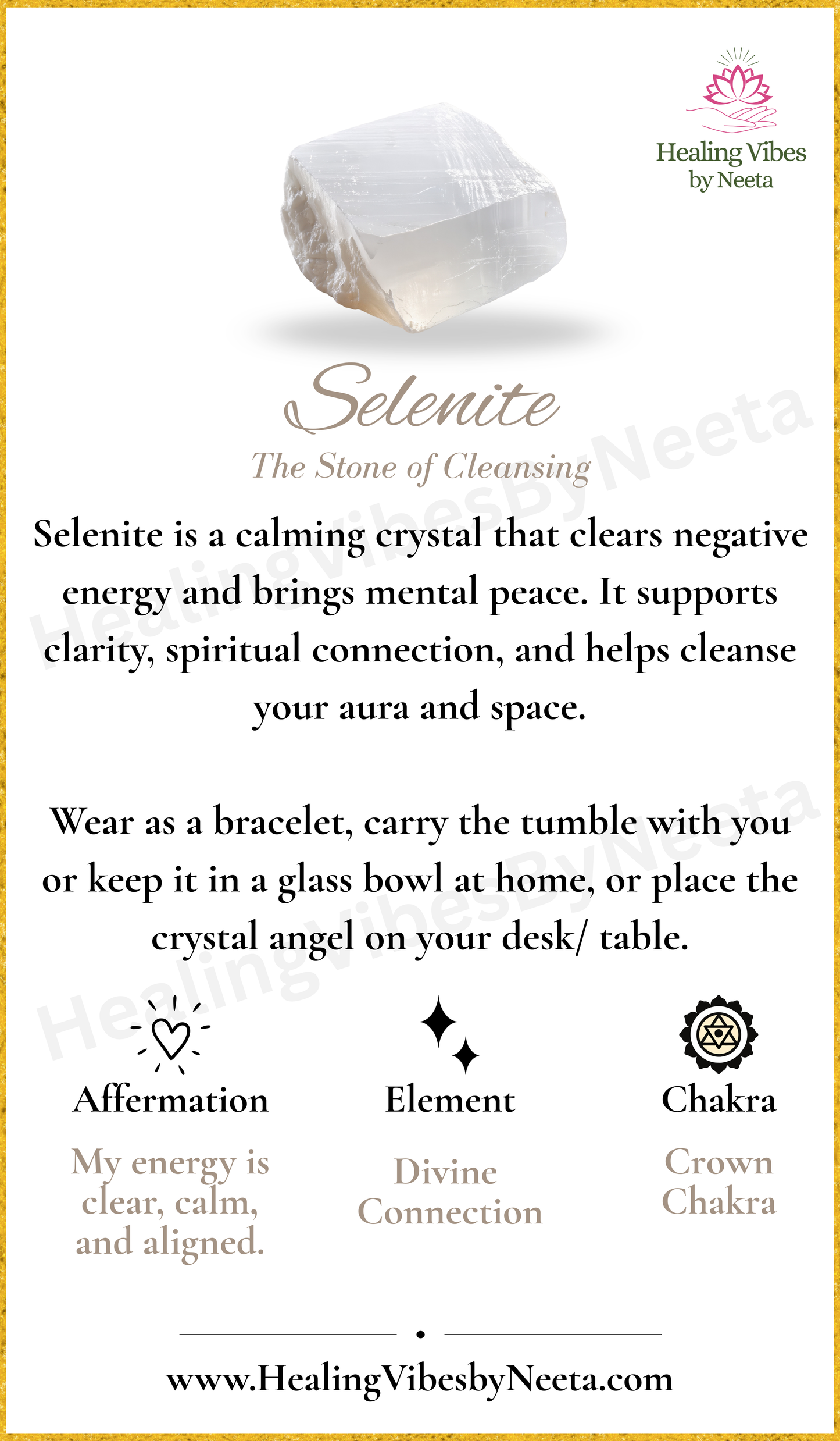 Selenite Round Bead Bracelets - Description Card