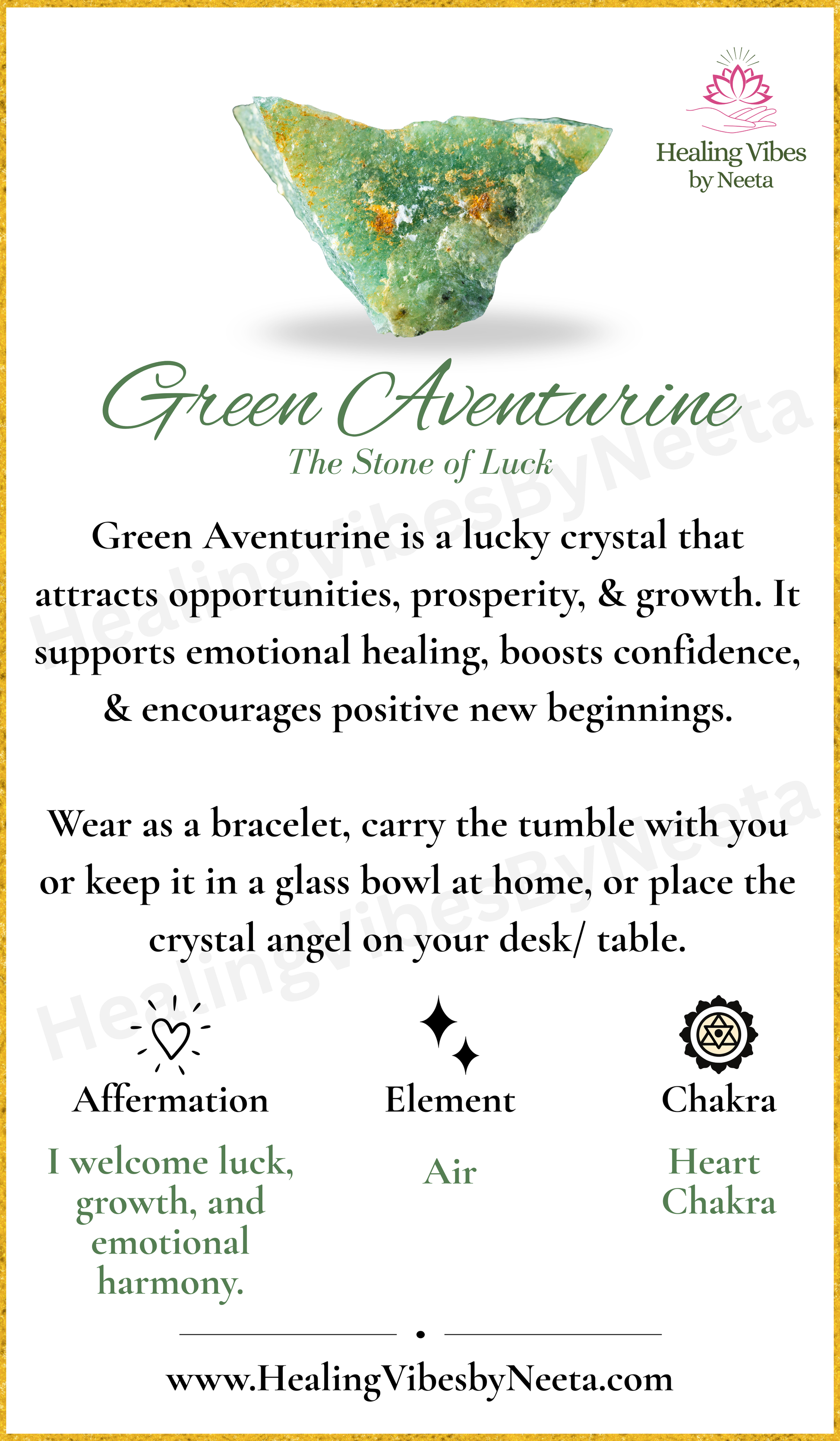 Green Aventurine Round Bead Bracelets - Description Card