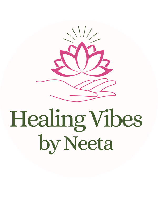 Logo of 'Healing Vibes by Neeta' with a pink lotus flower and hand on a white background.