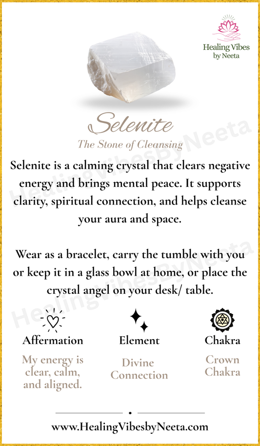 Selenite Round Bead Bracelets - Description Card
