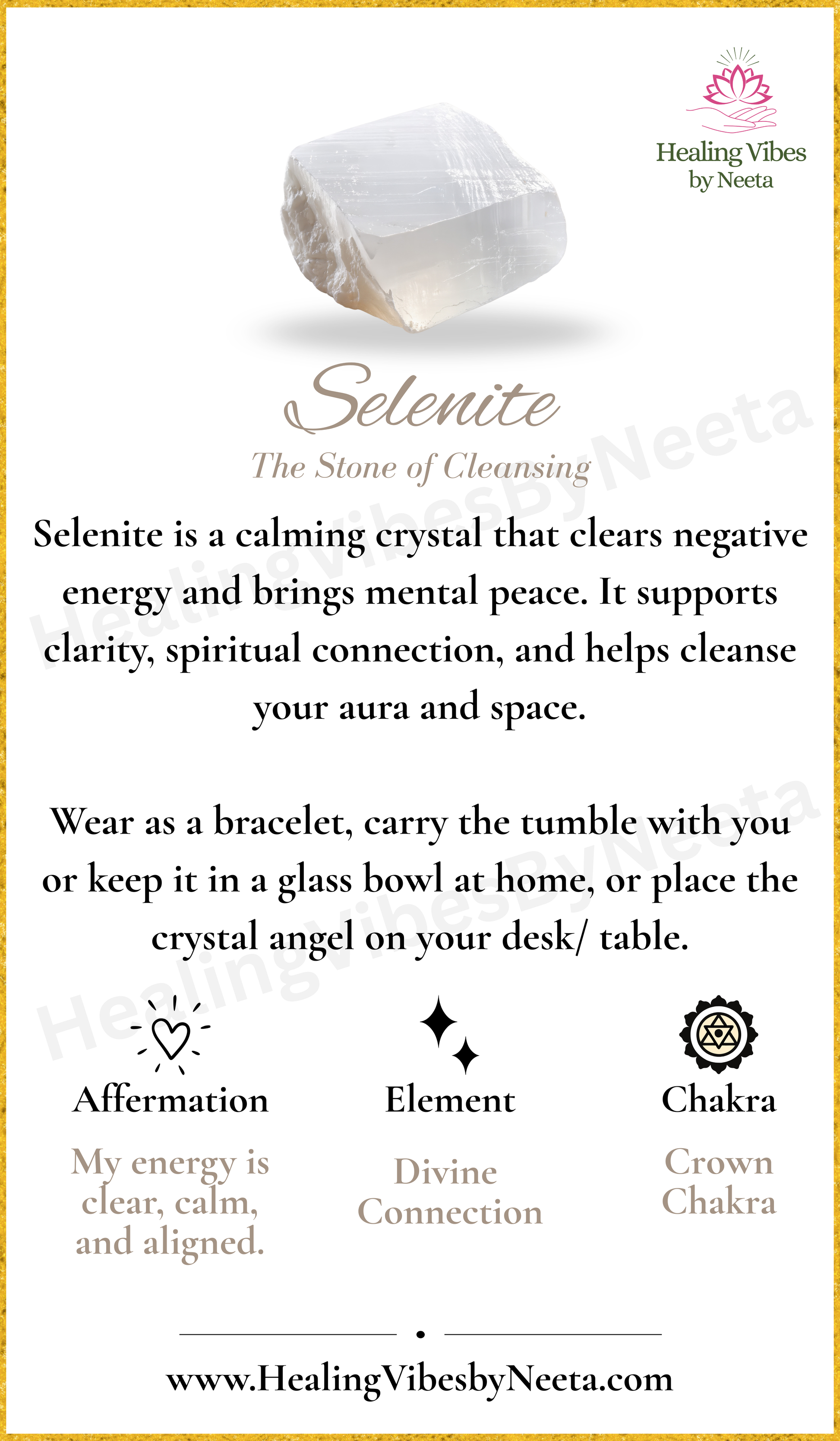 Selenite Round Tumble Stones - Description Card